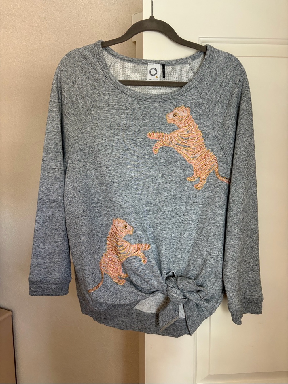 Anthropologie Gray Knot-Front Sweatshirt with Orange Tiger Embroidery